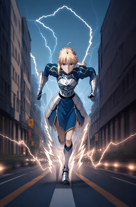 score_9, score_8_up, score_7_up, source_anime, <lora:Superspeed:1> electricity, running, motion blur, city, road, 1girl, full body,  <lora:artoria-pendragon-hf-ponyxl-lora-nochekaiser:0.7> artoria pendragon, artoria pendragon \(fate\), saber, blonde hair, green eyes, ahoge, sidelocks, || hair bun, single hair bun, braid, dress, ribbon, hair ribbon, armor, gauntlets, armored dress,