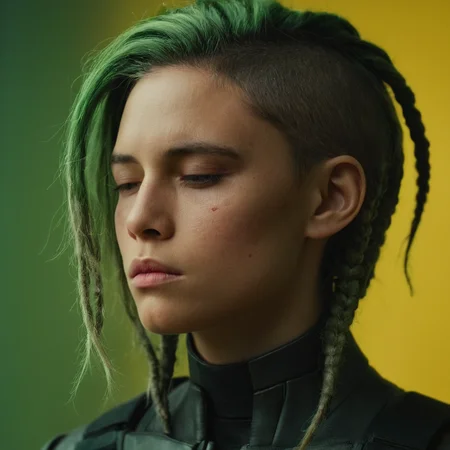 cinematic film still of <lora:Cyberpunk Style:1>
a man with dreadlocks and a green hair,bionic,transhuman,Dystopia,Dystopian,kakotopia,Science fiction,high tech,low life,societal collapse,Artificial,Posthuman,future,futuristic,Artificial intelligence,Cyborg,genetically-enhanced humans,sci-fi,Cyberpunk Style,1girl,solo,simple background,black hair,1boy,closed eyes,from side,lips,blood,profile,portrait,yellow background,science fiction,blood on face,realistic,nose,cyborg,damaged,mechanical parts , Cyberpunk Style, shallow depth of field, vignette, highly detailed, high budget, bokeh, cinemascope, moody, epic, gorgeous, film grain, grainy