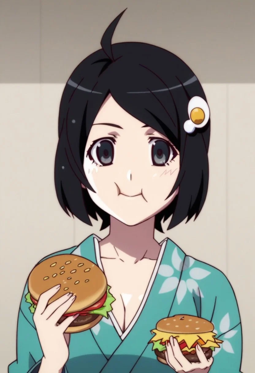 <lora:Araragi_TsukihiXL2:1>,
score_9, score_8_up, score_7_up, flat color, anime screencap, source_anime,
1girl, araragi tsukihi, black hair, black eyes, short hair, bob cut, egg hair ornament, food-themed hair ornament, ahoge,
solo,
cyan kimono, cleavage, bare shoulders,
holding food,burger,eating, looking at viewer,upper body