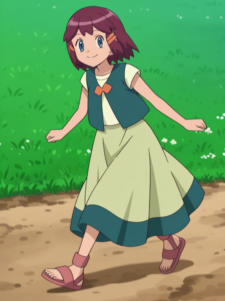 1girl, solo 
<lora:Shannon-Shobu:0.85> PK5BWShan5nonSho5bu,blue eyes,dark pink brown hair,short hair, orange hair ornament, light green shirt,short-sleeved t-shirt,navy green vest,orange buttons,light green skirt, navy green hem skirt, large skirt, rope sandals, smile, looking at viewer, full body,
masterpiece, high quality, absurdres, best quality, very aesthetic, newest,