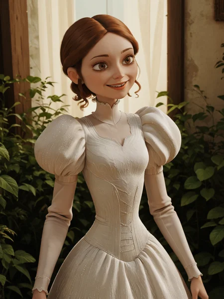 score_9, score_8_up, score_7_up, score_6_up, BREAK, Lucill3, 1girl, solo, smile, short hair, brown hair, long sleeves, brown eyes, puffy sleeves, white dress, juliet sleeves, <lora:Lucille:1>