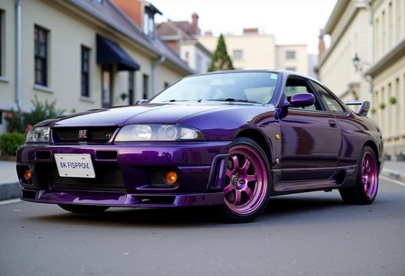 <lora:Nissan_Skyline_GT-R_R33:0.7> A three quarter of a gorgeous Nissan Skyline GT-R R33 in all its shining glory. In a style of clean look. The car has ashen with purple undertone paint job. Mirror-like, high gloss finish catches bright highlights. Vibrant, rich color palette.