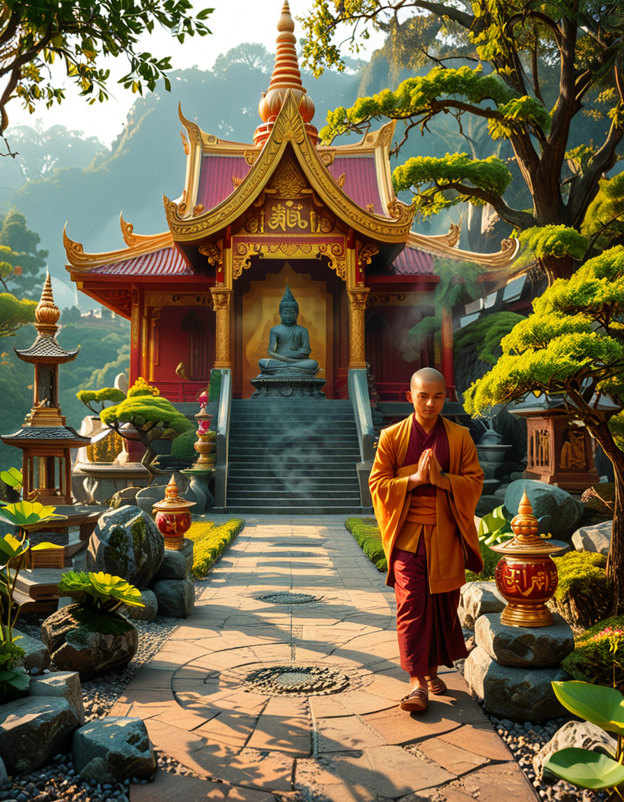 A majestic Buddhist temple nestled in a lush, misty mountain landscape. The temple features traditional curved rooftops with golden ornaments, intricate wooden carvings, and red and gold-painted walls. Large prayer flags in vibrant colors flutter in the wind, adding a spiritual atmosphere. A long stone staircase, partially covered in moss, leads to the main entrance, where a pair of large guardian statues stand watch. The scene is bathed in soft morning light, with gentle rays filtering through the mist, creating a serene and mystical ambiance. The background consists of towering green mountains and a sky with soft pastel hues. In the foreground, a Buddhist monk in deep orange robes walks peacefully along a stone pathway, holding a string of prayer beads. The overall composition conveys a sense of tranquility, spirituality, and harmony with nature.
<lora:SDXLFaeTastic2400:0.4> <lora:extremely_detailed:0.4> extremely detailed,<lora:Buddhist_t3mpl3:1>,Buddhist t3mpl3, Masterpiece,best quality,hi res,8k,hi res,8k,award winning,(sharp focus, intricate, highly detailed),
