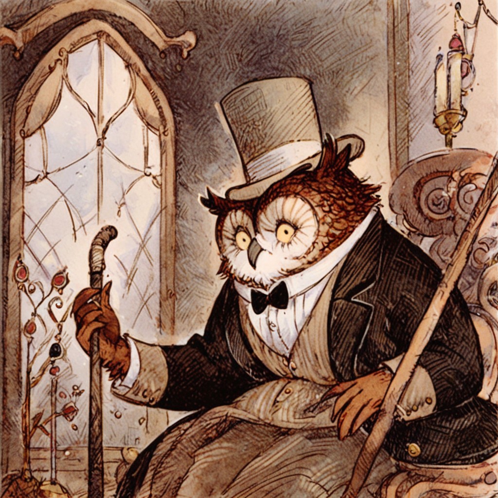 score_9, score_8_up, score_7_up, owl wearing a tuxedo, top hat, cane, indoors, owl, by Arnold Lobel