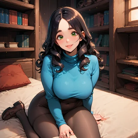 score_9, score_8_up, score_7_up, score_6_up, source_anime, rating_safe, ah1, 1girl, (curly hair), long hair, (black hair), mature female, (parted hair:1.7), (round face), (no_bangs:1.3), (no_fringe:1.6), looking at viewer, (thick eyebrows), (curvy), round-chin, (dark olive green eyes), caucasian, down-turned eyes, <lora:ETO_OCPonyXL:0.5> eto_oc, skindentation, thick thighs, wide hips, busty, voluptuous, kinky curls, lips, bad-hands-5, (She lies on her stomach on a bed, propped up on her elbows reading a book), (turqoise Turtleneck sweater dress, Tights), (in farwest town, Blacksmith's Forge, Smoky room with a blazing furnace, anvils scattered around, shelves of metal tools, horseshoes hanging on the wall, and the sound of hammering echoing in the air), (smiling, friendly), <lora:venus body PonyXL:0.8>,<lora:eyedetailpxl:0.6> eyedetailpxl, <lora:xl_more_art-full_v1:0.6>, <lora:detailxl:0.6> detailxl, <lora:hairdetailpxl:0.6> hairdetailpxl, <lora:skindetailpxl:0.6> skindetailpxl