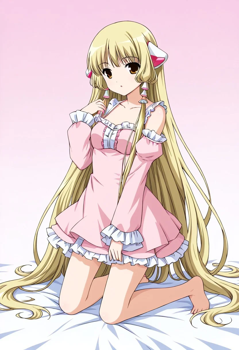 1 girl, alone, long hair, blonde hair, very long hair, hair tubes, robot ears, brown eyes, dress, pink dress, frilly dress, loose sleeves, barefoot, kneeling