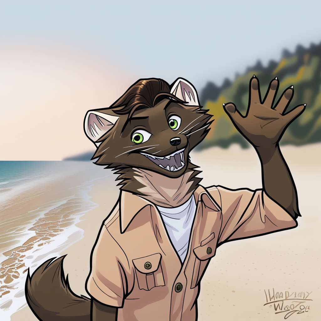 Eddie, male, pine marten, marten, marten boy, tail, fullbody, smiling, waving hello, happy, green eyes, detailed, detailed face, detailed eyes, detailed mouth, detailed teeth, detailed background, outdoors, outside, beach, clothed, excellent detail, perfect detail, perfect eyes, perfect face, perfect mouth, perfect teeth, animal, detailed fur, natural lighting,