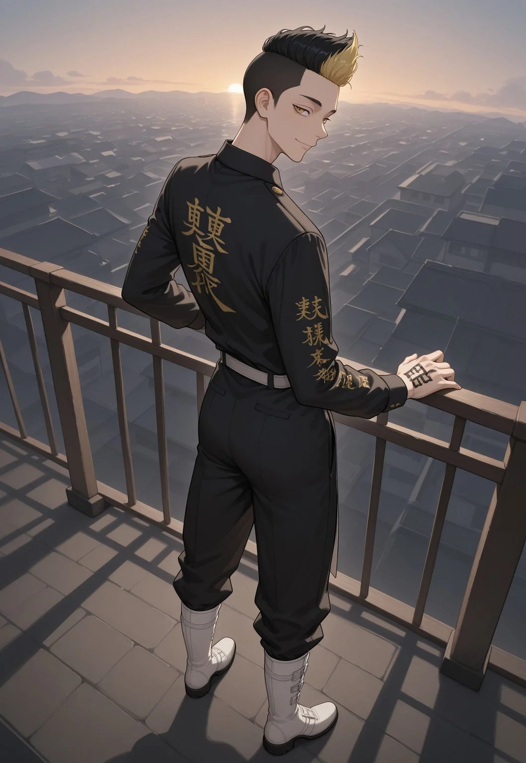 masterpiece, best quality, newest, absurdres, very aesthetic, highres, perspective, TRTHanma, 1boy, male focus, short hair, blonde hair, black hair, two-tone hair, undercut, yellow eyes, black collared shirt, long sleeves, kanji, white belt, black pants, pants tucked in, white boots, full body, standing, agains railing, smile, closed mouth, outdoor, looking at viewer, hand tattoo, solo, evening, from behind, looking back, 
