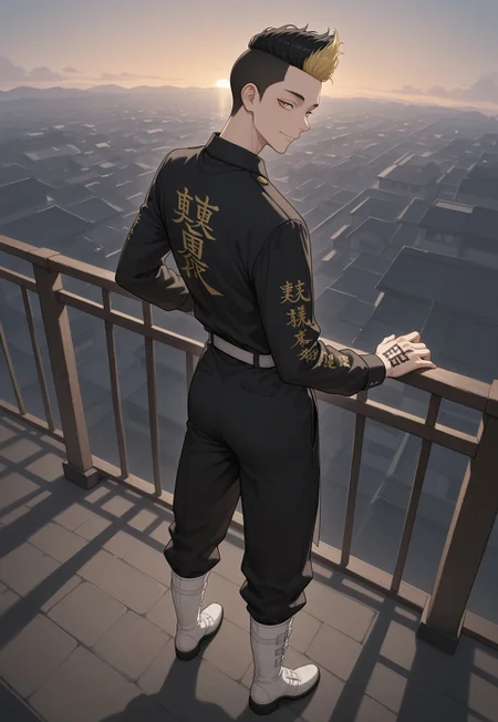 masterpiece, best quality, newest, absurdres, very aesthetic, highres, perspective, TRTHanma, 1boy, male focus, short hair, blonde hair, black hair, two-tone hair, undercut, yellow eyes, black collared shirt, long sleeves, kanji, white belt, black pants, pants tucked in, white boots, full body, standing, agains railing, smile, closed mouth, outdoor, looking at viewer, hand tattoo, solo, evening, from behind, looking back,