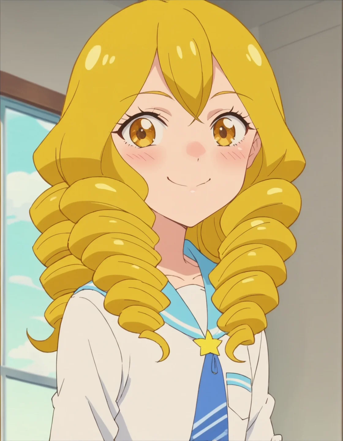 score_9, score_8_up, score_7_up, anime screencap,1girl, solo, school uniform, skirt, blonde hair, yellow eyes, blue skirt,drill hair,smile,blush,happy,looking at viewer, <lora:HimenojoSakurako:0.8>