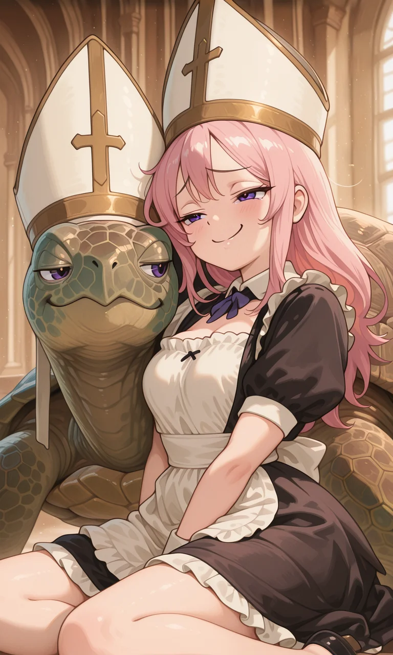 embedding:IllusP0s, turtle pope, 1girl, sitting, pink hair, purple eyes, maid outfit, smug,<lora:turtle_pope_r1.safetensors:1.0:1.0> <lora:CivChan.safetensors:0.8:0.8>