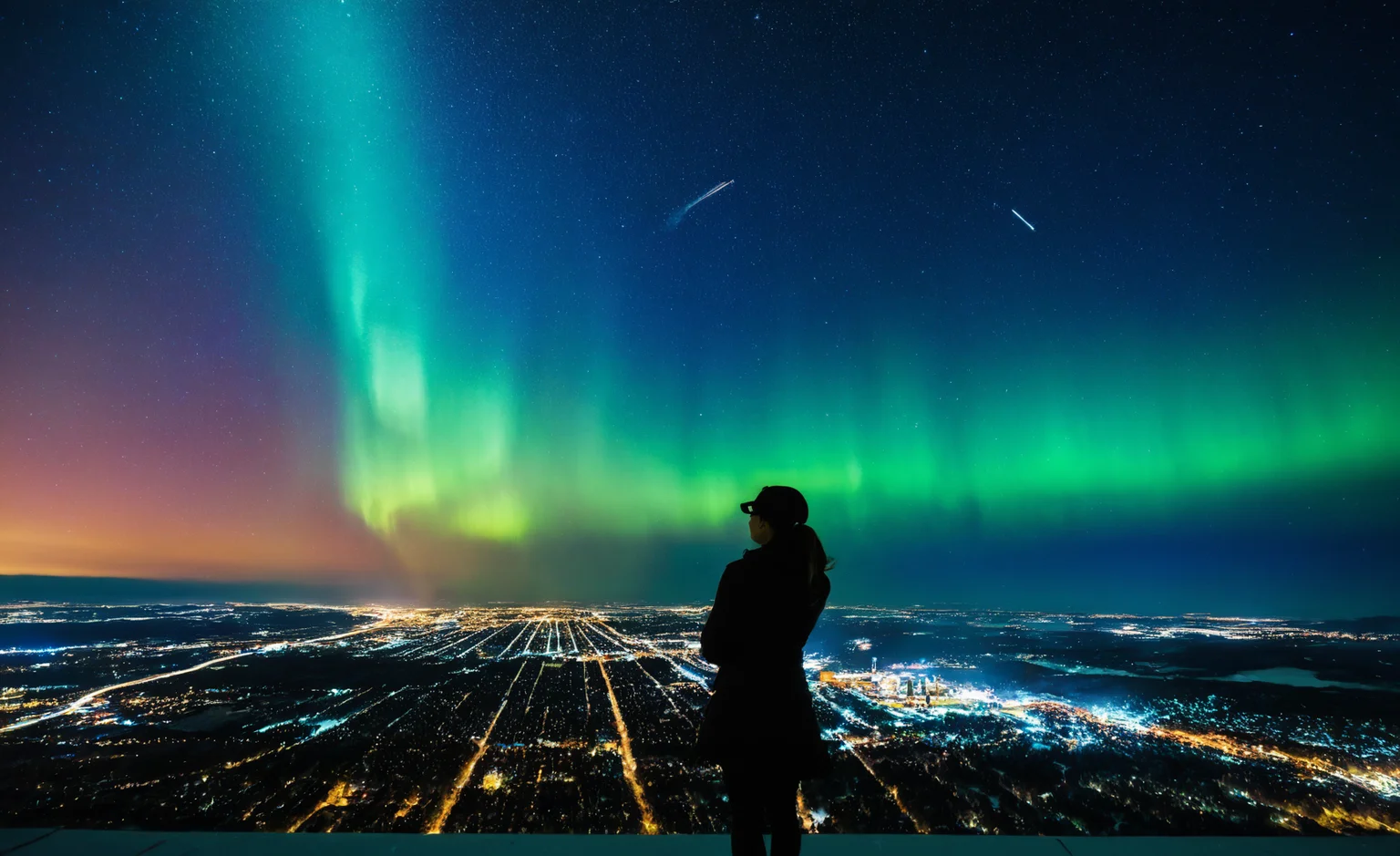 Abstract style <lora:Aurora-1:1>,aurora-1,space,aurora,night,night sky,sky,star \(sky\),starry \(sky\),shooting star,galaxy,milky way,city lights,moon,fireworks,city,planet,light particles,cityscape,cloud,snowing,skyline,skyscarper,constellation,scenery,, back view, half body photo of a prompt . ,standing, posing, perfect interior . Non-representational, colors and shapes, expression of feelings, imaginative, highly detailed