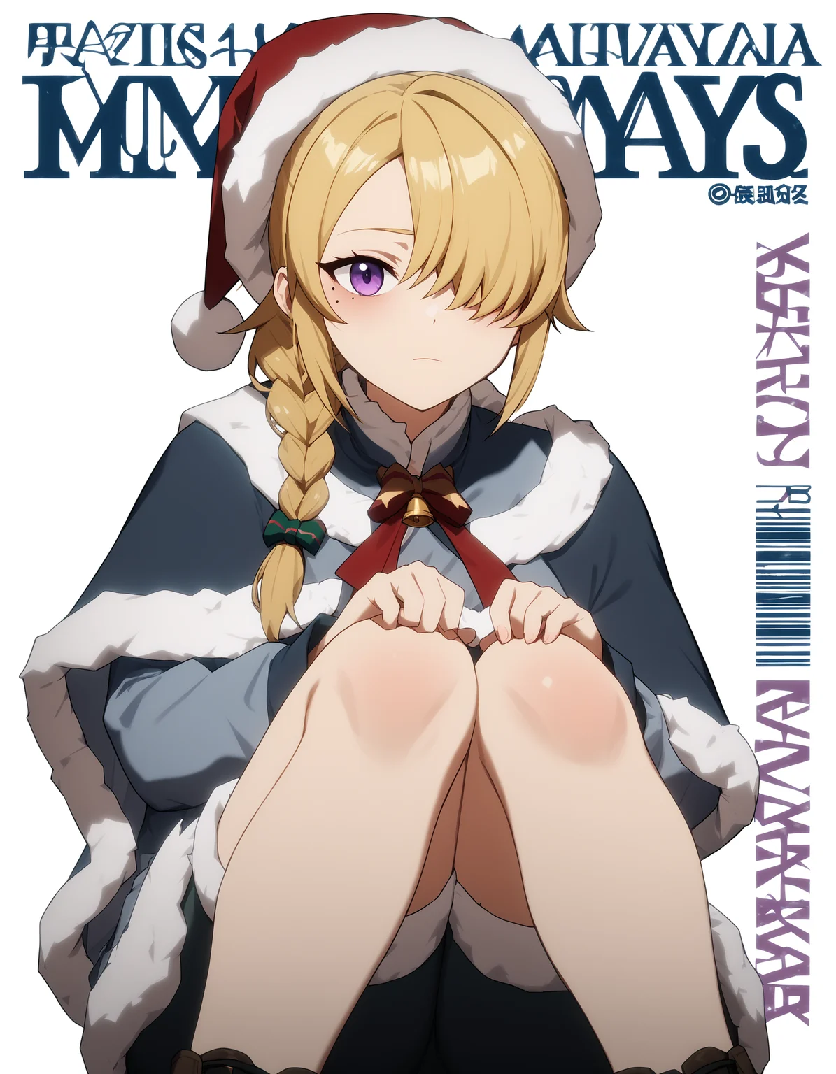 score_9,score_8_up,score_7_up,magazine cover,santa,santa_hat,white background,simple background,
<lora:shanduola_pony:0.6>,shanduola,1girl,solo,blonde hair,braided ponytail,hair over one eye,purple eyes,bangs,mole under eye,<lora:magazine-cover-ponyxl-lora-nochekaiser:1>,knees,<lora:Anime_Screencap:1>,anime screencap,