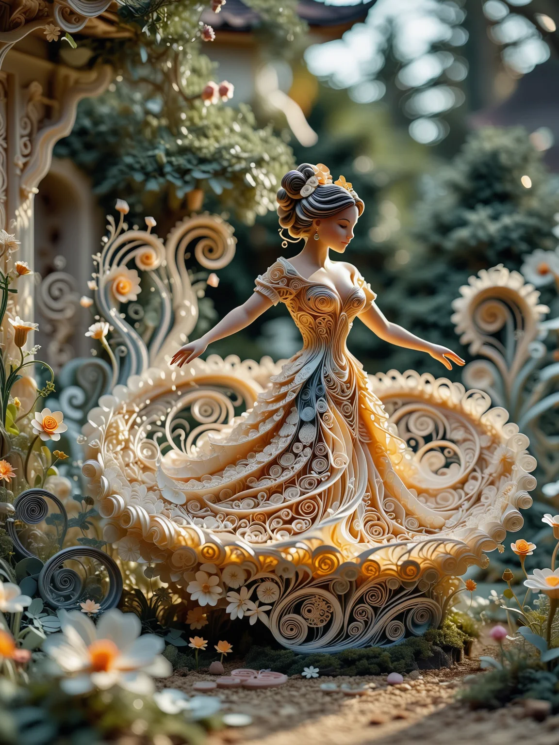 Quilling mode, intricate coils, delicate designs, era 1800s folk art, traditional attire, solo, quilling art style, Rating NSFW, a voluptuous female figure dancing in a garden, surrounded by intricate paper coils, ¬the delicate designs adding an ethereal quality, soft glow filter.
<lora:dmd2_sdxl_4step_lora_fp16:1.0> , <lora:Expressive_H:1>, Depth of field, <lora:dark:0.1>, dutch angle, <lora:aidmaFLuxPro1.1_v0.3_IL:1>, aidmafluxpro1.1<lora:aidmaMJ6.1_v0.5_IL:1>, aidmaMJ6.1,
