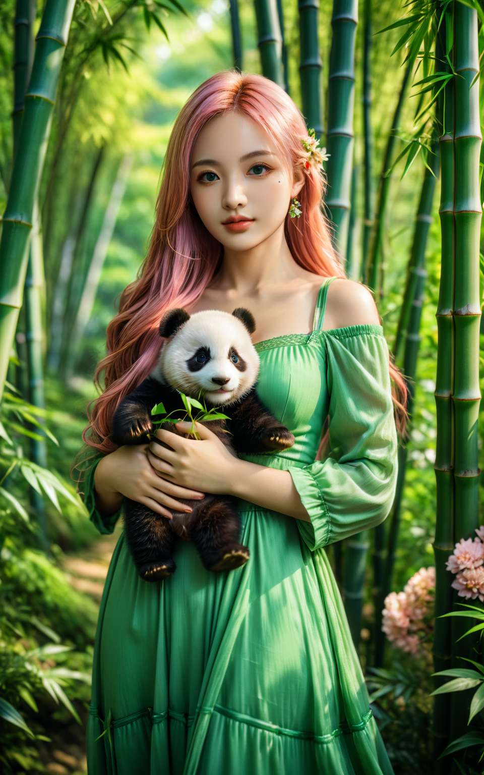 <lora:yuukananri-base-02-XL:0.7>,upper_body,yuukananri,1girl with long pink hair,green eyes,wearing an elegant green long dress,holding her baby panda in her arms,standing in a lush bamboo forest surrounded by vibrant flowers and greenery,realistic photography style,cinematic photo peering through the trees with depth of field blurring effect,natural light,35mm photograph,film,professional,4k,highly detailed,Golden hour lighting,Depth of field F2,Rule of Thirds Composition,best quality,ultra-detailed,masterpiece,Cinematic Lighting,<lora:detailed_notrigger:1>,<lora:xl_more_art-full_v1:0.7>,