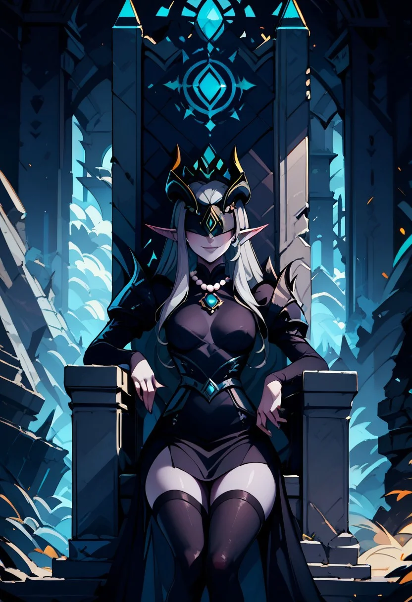 score_9, score_8_up, score_8, medium breasts, (curvy), cute,
BREAK,
zzShemira, pointy ears, covered eyes, grey skin, black dress, thighhighs, magic,
BREAK,
smile, looking at viewer,
graveyard,
head tilt, sitting on throne, huge throne, oversized throne, ruins,
abandoned castle, crown, pearl necklace,
zPDXL, Expressiveh