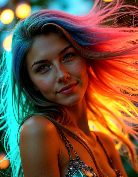 vintage style from 1930s,
Extreme realism in a complex, highly detailed composition featuring a woman with extremely long flowing rainbow-colored hair. The glowing background, with its vibrant colors, exaggerated details, intricate textures, and dynamic lighting, creates a whimsical, dreamy atmosphere in photorealistic quality.
Threads of light that float and weave through the air, adding movement and intrigue.
Patterns on the ground or in the background that glow subtly, adding a layer of complexity.Rainbows that appear faintly in the background, adding a touch of color and wonder.Butterfly wings that shimmer in the light, adding life and movement to the scene.
She rests her hand on her forehead, her expression soft and reflective, with her hair flowing down with innocent smile seen on her face.