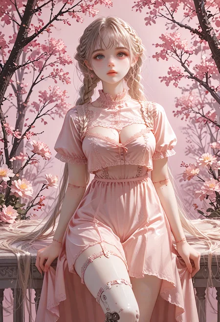 score_9, score_8_up, score_7_up, lalangheej, surreal, a girl, (joints:1.15), adult, very long hair, low_twin_braids, huge_breasts, short_sleeves, pink dress, thigh_strap, silk clothes, pink tree, pink background, <lora:sdxl_lightning_8step_lora:1> <lora:p-skin:1> <lora:lalangheejXLP:1,1,0,0,1,0,1,1,1,0,0,0>