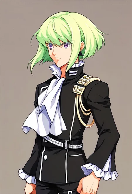 score_7_up, score_8_up, score_9_up, BREAK, lio fotia, green hair, purple eyes, earrings, black jacket, long sleeves, white ascot, frills, frilled sleeves, multiple belts, black pants, black half gloves, fe9portraits, solo, cowboy shot, simple background, male focus, verybadimagenegative_v1.3