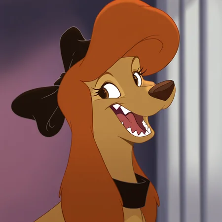dixiedog, 1girl, solo, smile, open mouth, teeth, blurry, looking to the side, depth of field, blurry background, hair bow, sharp teeth, portrait, furry, furry female, retro artstyle, anime coloring, dog, body fur, brown fur, animal, brown eyes, black bow, orange hair, (masterpiece), (best quality), (ultra-detailed), amazing quality, very aesthetic, illustration, perfect composition, intricate details, absurdres, incredibly absurdres, <lora:dixie_illustrious:1>