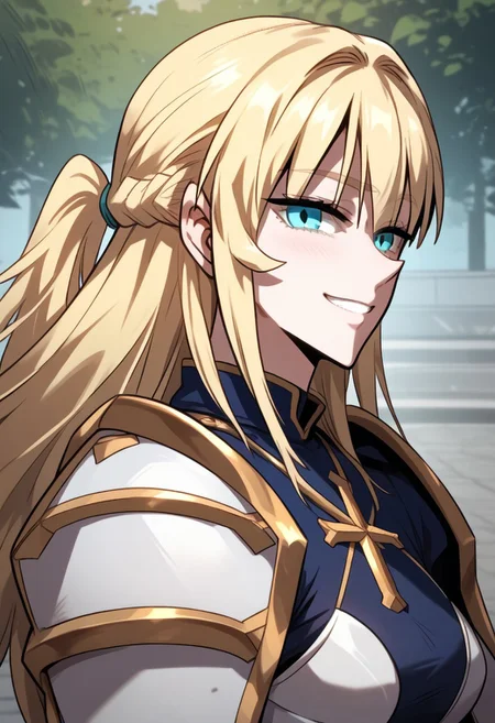 zPDXL3, score_9_up, score_8_up, score_7_up, (Anime_source), 1girl, MariaJaeger, blue eyes, blonde hair, long hair, updo hair, braid, Maria armor suit, from side, cowboy shot, looking at viewer, smile, light blush