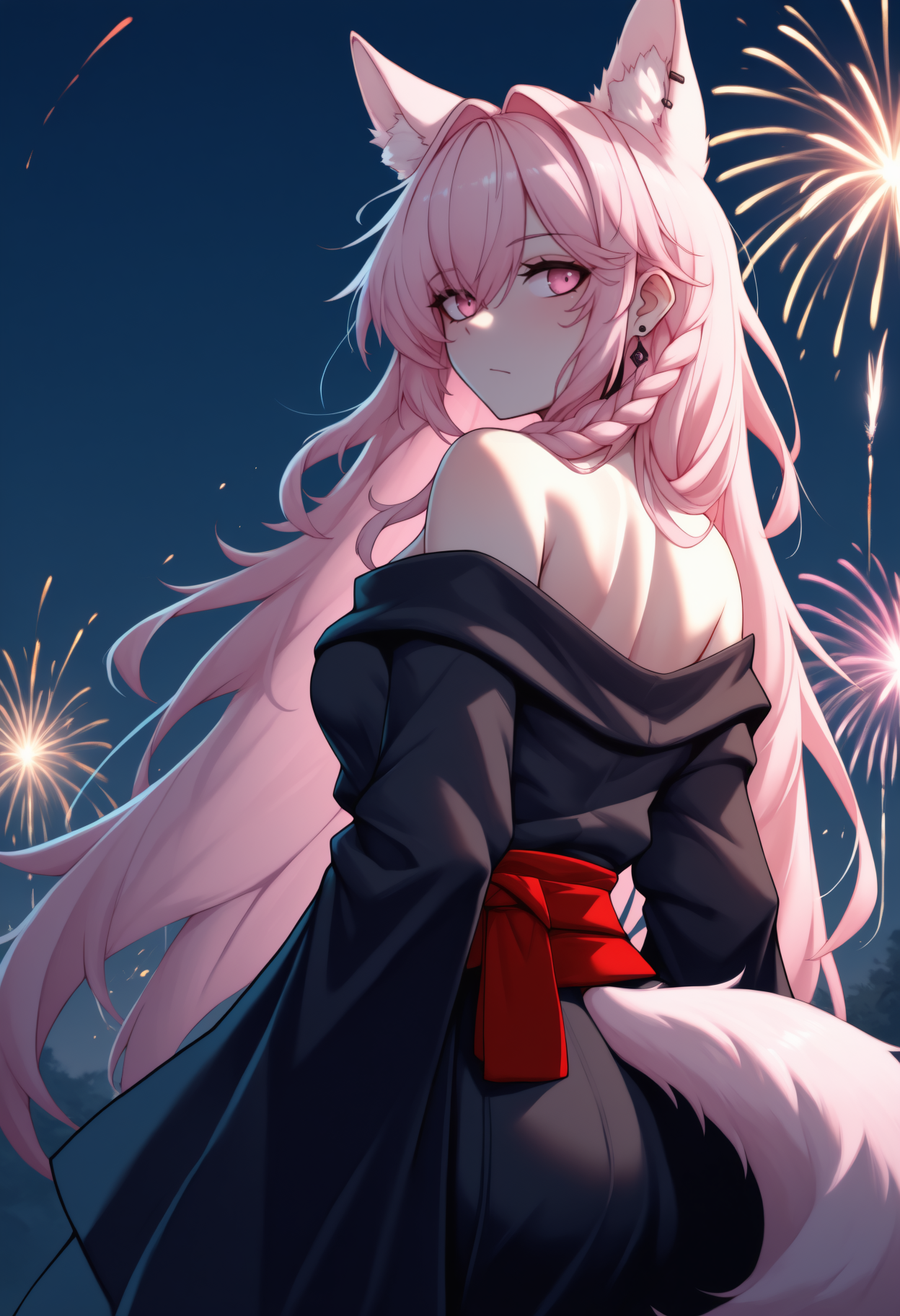 masterpiece, best quality, newest, anime, from behind, solo, 1girl, pzmkdef, wolf tail, expressionless, looking back, long hair, pink hair, hair intakes, hair between eyes, side braid, animal ears, animal ear fluff, extra ears, pink eyes, japanese clothes, black kimono, off shoulder, red sash, earrings, bare shoulders, outdoors, night, fireworks
<segment:yolo-Anzhc Face seg 640 v2 y8n.pt,0.4,0.5//cid=1>