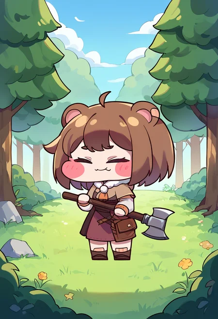 score_9,score_8_up,score_7_up,source_anime,zPDXL3,
*//*,<lora:Trickal_Revive-Pony:1>,1girl,axe,animal ears,bear ears,blush stickers,nature,solo,brown hair,outdoors,forest,smile,chibi,fur trim,weapon,closed eyes,holding axe,tree,bandaid,skirt,holding,bear girl,grass,bandaid on face,ahoge,:>,