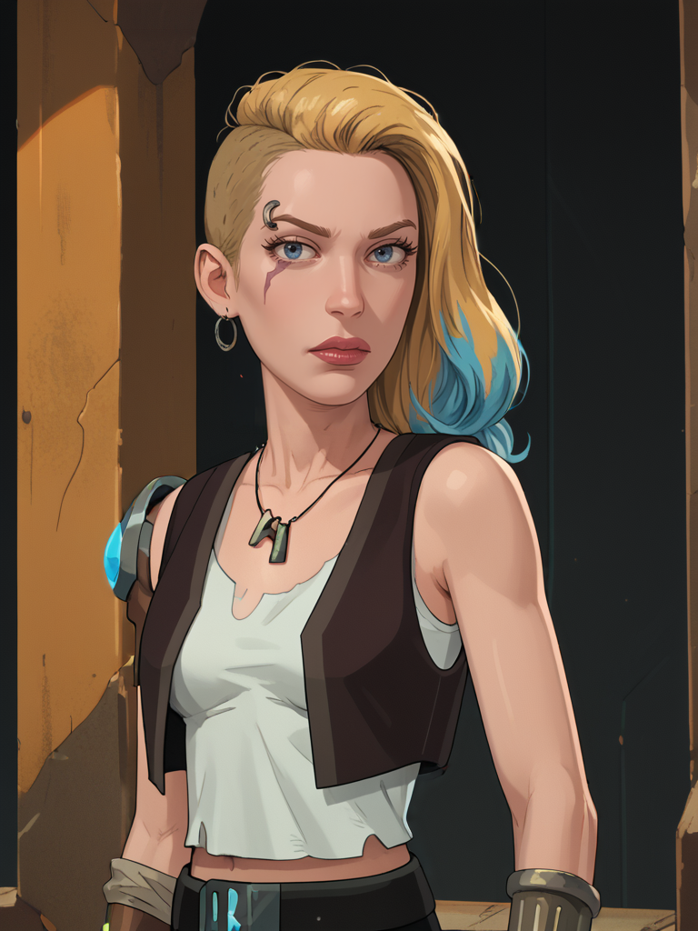 Score_9, Score_8_up, Score_7_up, Score_6_up, Source_cartoon,
standing, looking at viewer, boris vallejo
1girls, sp4ceb3th, vambrace, blonde hair, blue hair, asymmetrical hair, multicolored hair, blue eyes, tanktop, vest, jewelry, 
<lora:Space_Beth:1>
<lora:Boris_Valejjo_Style-000003:0.7>