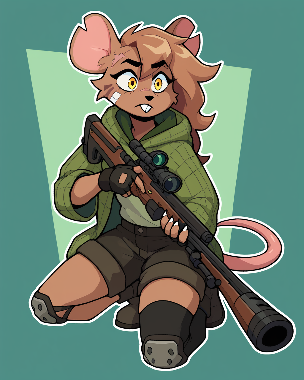 score_9_up, score_8_up, score_7_up, score_6_up, by remanedur, female, mouse, yellow eyes, facial scar,  bandaid on face, notched ear,  face paint, brown hair, tail, brown fur, boots, black shorts, green jacket, buckteeth, single knee pad, single thighhigh, fingerless gloves, cargo shorts, holding gun, ranged weapon, rifle, green hoodie, solo, open jacket, three-quarter view, simple background, white outline, <lora:Leah_Pines(AIM)_XL_v1:0.15> <lora:PDXL_artist_tags_v2_big:0.5> <lora:The-Minuscule-Task_PDXL_v1.0:0.6>  <lora:Leah_Pines_v2_WirelessShiba:0.7>