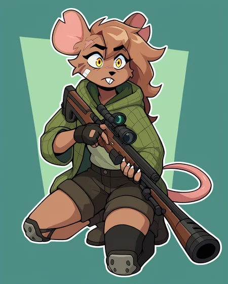 score_9_up, score_8_up, score_7_up, score_6_up, by remanedur, female, mouse, yellow eyes, facial scar, bandaid on face, notched ear, face paint, brown hair, tail, brown fur, boots, black shorts, green jacket, buckteeth, single knee pad, single thighhigh, fingerless gloves, cargo shorts, holding gun, ranged weapon, rifle, green hoodie, solo, open jacket, three-quarter view, simple background, white outline, <lora:Leah_Pines(AIM)_XL_v1:0.15> <lora:PDXL_artist_tags_v2_big:0.5> <lora:The-Minuscule-Task_PDXL_v1.0:0.6> <lora:Leah_Pines_v2_WirelessShiba:0.7>