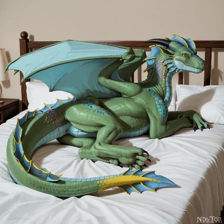 core_9, score_8_up, score_7_up, score_6_up, masterpiece, high quality, realistic, detailed, best quality, 1girl, solo, rating_safe, source_furry, bedroom, smiling, seductive, looking at viewer, lying on bed, negative_hand, lying on bed, Nixi_tdr, dragon, green scales, spotted body, yellow eyes, head fins, tail, scales, claws, feral, female, black horns, wings