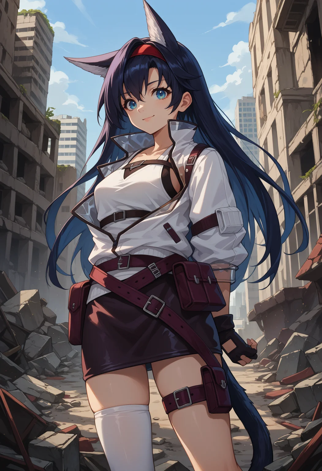 score_9, score_8_up, source_anime, 1girl, solo, BlazeDefault, blue eyes, black hair, long hair, animal ears, tail, red hairband, white jacket, partially unzipped, white tank top, chest belt, black gloves, partially fingerless gloves, purple belt, belt pouch, black skirt, miniskirt, thigh belt, single thighhigh, white thighhigh, arms behind back, outdoors, ruins, city, debris, smile, <lora:ChamBlazePonyXL:1>