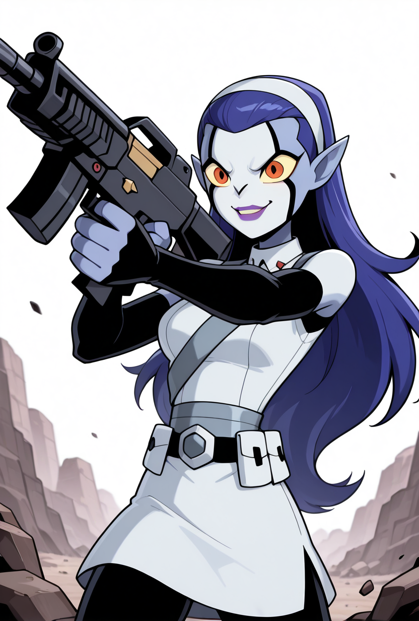 <lora:rookshar-10:1> rookshar, blue hair, colored skin, yellow sclera, long hair, 1girl, purple lips, white hairband, pointy ears, white suit, black sleeves, black pants, white skirt, short skirt, utility belt, smile,  <lora:GunEnhancer:1> holding weapon, holding gun, assault rifle, weapon,  holding assault rifle, shooting, aiming, warzone, iraq,, masterpiece, best quality, amazing quality, very aesthetic, absurdres, newest,