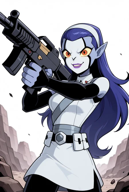 <lora:rookshar-10:1> rookshar, blue hair, colored skin, yellow sclera, long hair, 1girl, purple lips, white hairband, pointy ears, white suit, black sleeves, black pants, white skirt, short skirt, utility belt, smile,  <lora:GunEnhancer:1> holding weapon, holding gun, assault rifle, weapon,  holding assault rifle, shooting, aiming, warzone, iraq,, masterpiece, best quality, amazing quality, very aesthetic, absurdres, newest,