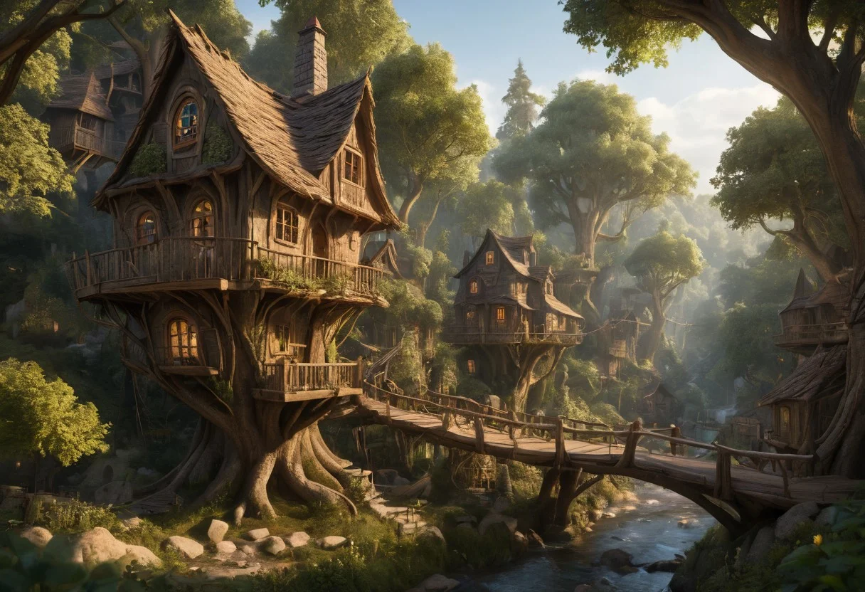 morning, valley, (fairytale treehouse village:1.5), valley,(forest:1), highly detailed, dynamic lighting, cinematic, realism, realistic, photo real, detailed, photo, dynamic lighting, (soft shadows), (soft focus), (photo realistic), dark river, (cute house:2), apocalyptic