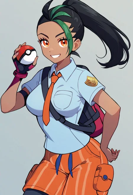 score_9, score_8_up, score_8, medium breasts, (curvy), cute, eyelashes, Nemona \(Pokemon\), black hair, green hair, orange eyes, dark skin, multicolored hair, two-tone hair, hair pulled back, collared shirt, fingerless gloves, orange shorts, backpack, smile, looking at viewer, (holding pokeball)