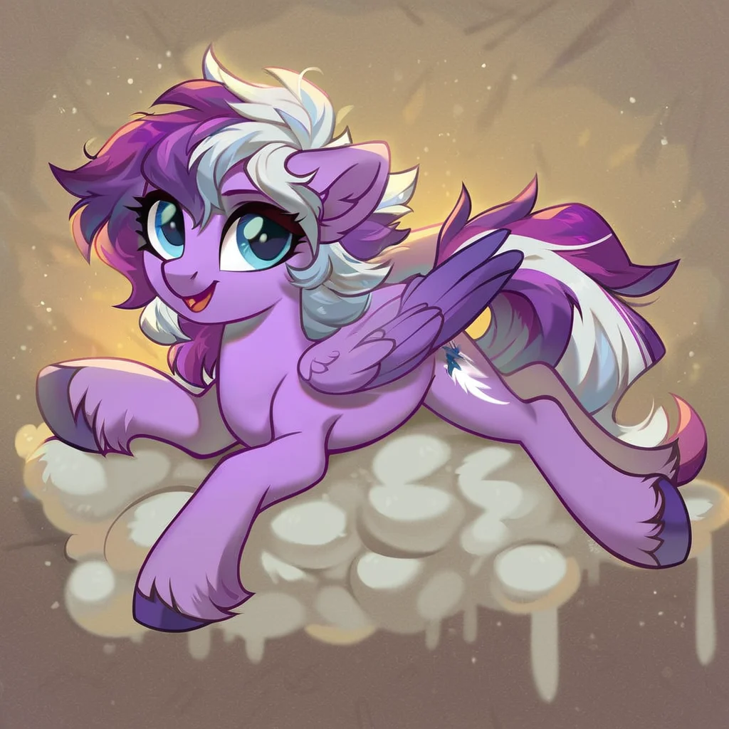 score_9, score_8_up, score_7_up, score_6_up, score_5_up, score_4_up, source_pony, pegasus, female, feral, my little pony, pale purple body, wings, feathers, feathered wings, friendship is magic, two toned mane, two toned tail, purple hair, white streak, purple tail, white tail, blue eyes, pegasus, fan character, hair, fur, solo, pony, detailed background, quadruped, fetlocks, shoulder length hair, quadrupedal, in a crytal cave, show accurate, my little pony:the movie, lying on a cloud, messy mane,