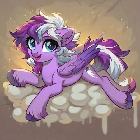 score_9, score_8_up, score_7_up, score_6_up, score_5_up, score_4_up, source_pony, pegasus, female, feral, my little pony, pale purple body, wings, feathers, feathered wings, friendship is magic, two toned mane, two toned tail, purple hair, white streak, purple tail, white tail, blue eyes, pegasus, fan character, hair, fur, solo, pony, detailed background, quadruped, fetlocks, shoulder length hair,  quadrupedal,  in a crytal cave, show accurate, my little pony:the movie, lying on a cloud, messy mane,