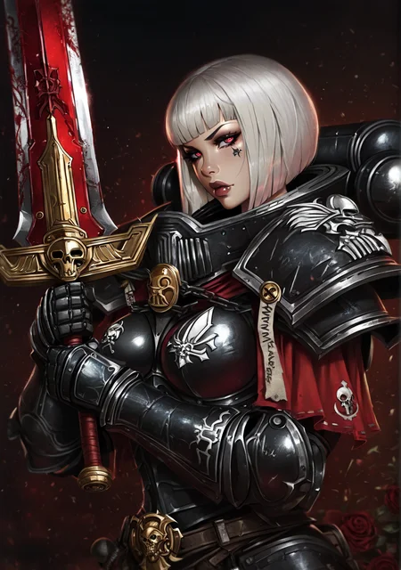 upper body,
edgAdepta, 1girl, solo,bob cut, weapon, white hair,one handed sword, lips, blood, rose, gauntlets, skull ,wearing edgAdepta,power armor,pauldrons,skull emblem, <lora:edgIllustriousXLAdeptaSororitas-000004:0.85>
very aesthetic, masterpiece, best quality, very aesthetic, highres, absurdres, sensitive
