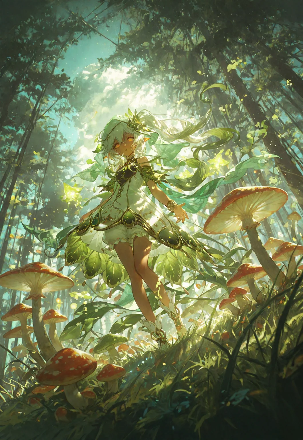 1girl, usnr,looking at viewer, cool expression,night,night sky,, shade,lots of cloud of different shades, full body, forest, jungle,vines, mushrooms, glowing mushrooms, detailed grass, shrubs, floating leaves, windy, floating hair, solo, impressionism, excellent depth of field, partly realistic texture, dramatic lighting, sharp focus, newest, absurdres, highres, very aesthetic, masterpiece, eye-catching, beautiful body, detailed skin features, beautiful eye details, bright colors, vivid colors, extreme contrast, foreshortening, high resolution, best quality, ultra high definition, extremely high detail, close-up, wide angle, cinematic field of view, perfect composition, intricate details, enriched colors, Nahida,side ponytail,leaf hair ornament,official outfit,white bloomers,tan, tank skin, dark skin, veil, indian veil, green veil