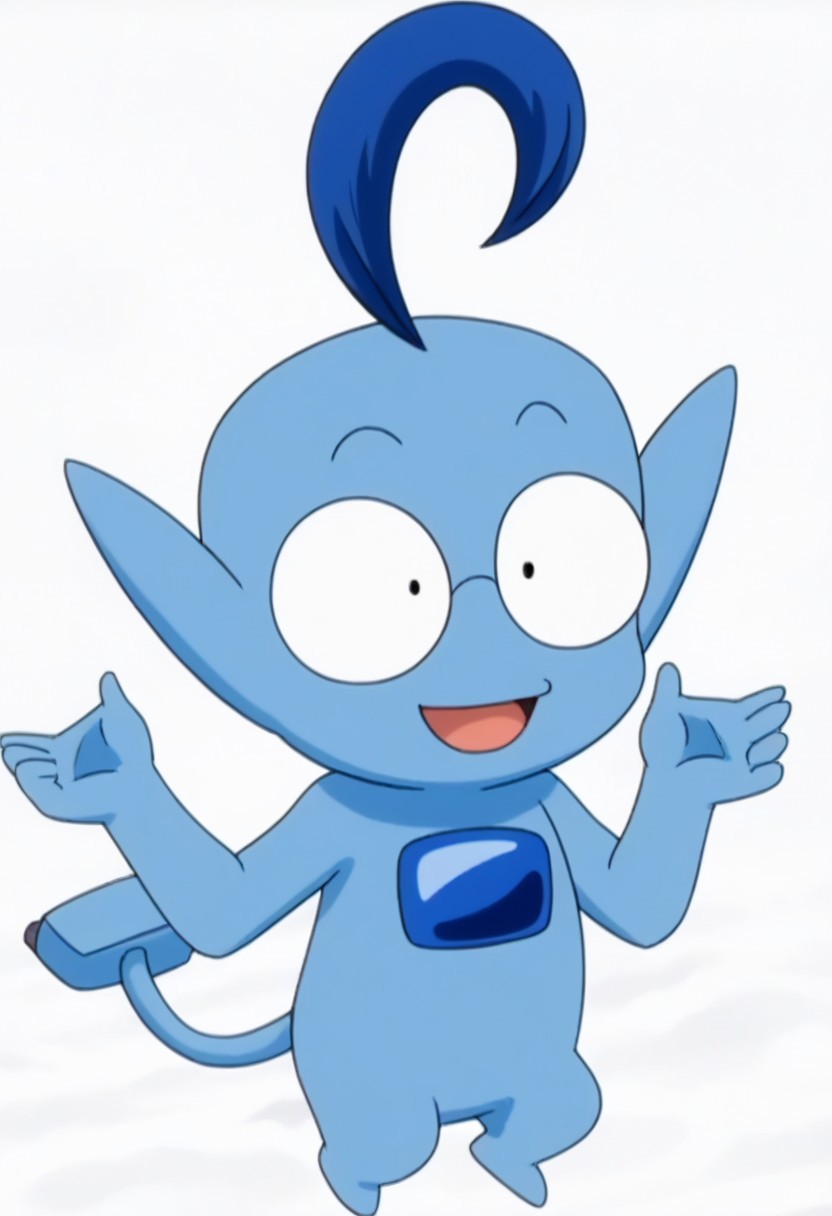 no humans, solo, pokemon(creature), wide-eyed, black eyes, glasses, ahoge, 1boy, blue skin, male focus, tail, pointy ears, full body, open mouth, smile, simple background, high quality