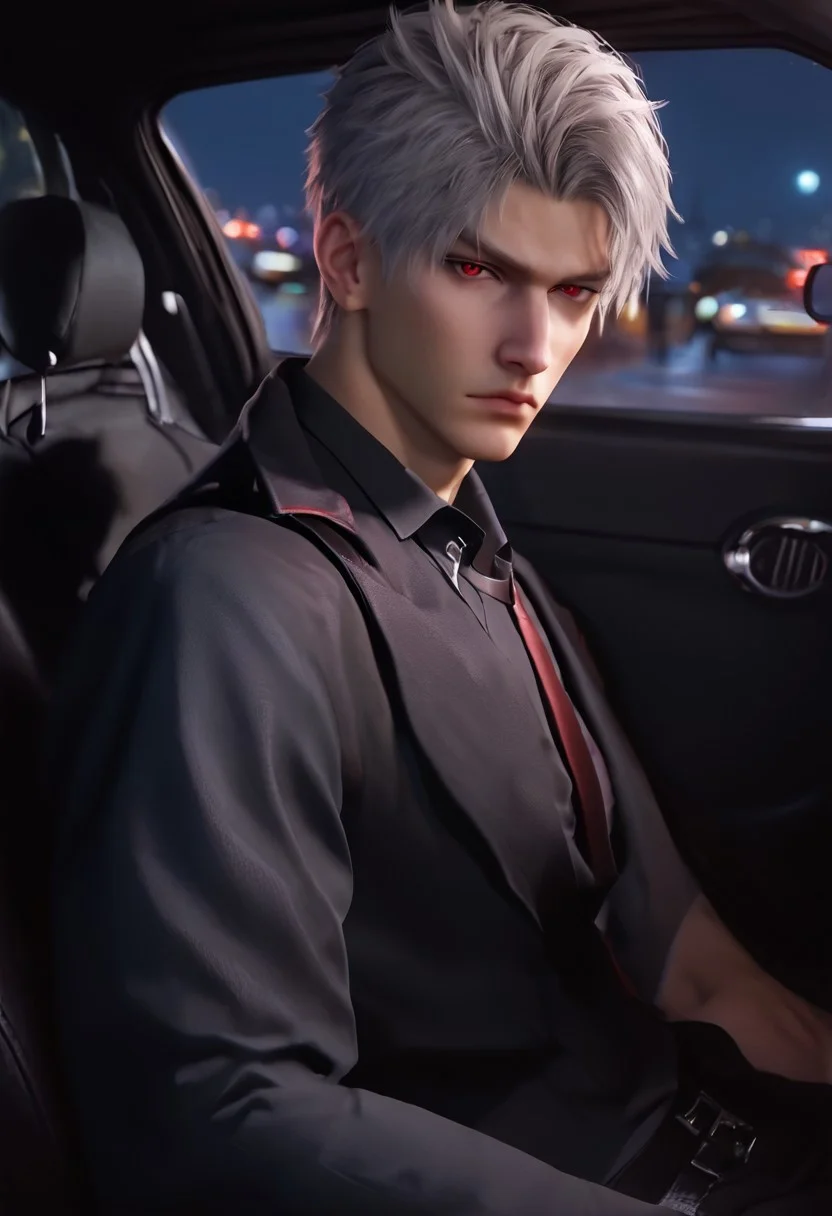 1boy, solo, male focus, toned male, Sylus_(Love_and_Deepspace), Sylus, Qinche, White hair, Red eyes, pale skin, detailed eyes, satisfaction, satisfied, neutral, sad looking,
dark theme, night, intense shadow, intimidating, chest close to viewer, dark light, no light, dark out, shadow,
(black coat over shoulder:1.1), black collar shirt, black vest, black collar shirt button, wearing a tie, black pants, sweaty hair, long sleeves, modest clothing, looking at viewer, from side view,
sitting inside a car, sit inside a car, riding a car, front view, seductive, romantic, in a car, (lounging:1.1), relax
rating PG, score_9,score_8_up,score_7_up, source_anime, male focus, Muscular, big thigh, big thigh, big chest, hung, manly, tall, detailed eyebrow, sharp eyebrows, focus on thigh, hairy thigh, thigh focus, random view