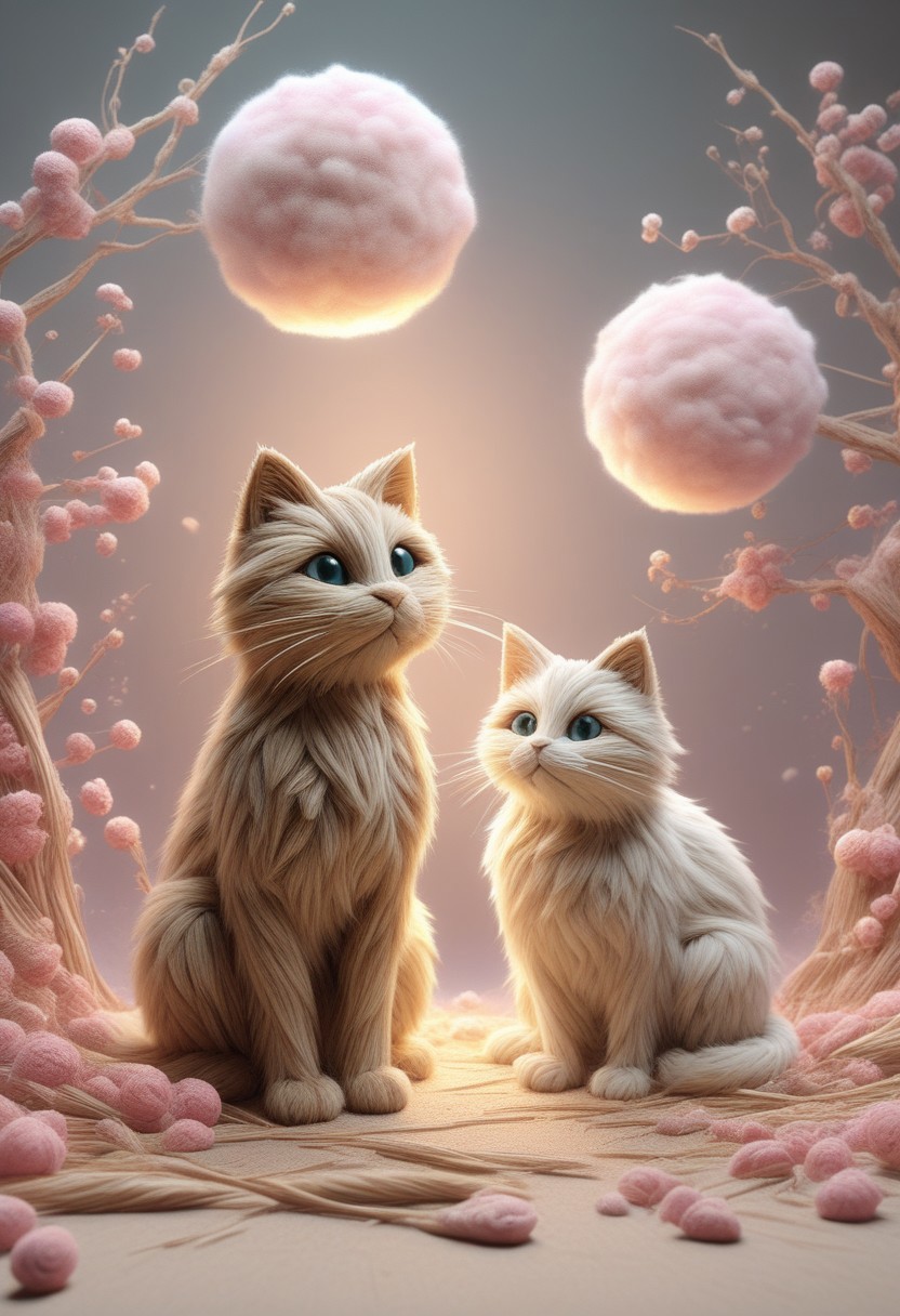 masterpiece, best quality, absurdres, cats made of straw sitting on a tree branch, facing each other in an intimate and harmonious pose. The left cat is black, while the right cat is white, creating a striking contrast. They are surrounded by delicate, blooming branches with small flowers, adding a serene and romantic atmosphere. The background is softly blurred, focusing the viewer's attention on the cats and their interaction. The lighting is soft, emphasizing the texture of their fur and the gentle ambiance of the scene. pink heart in front of them, white sphere in the background, h4ra_illu, momosp