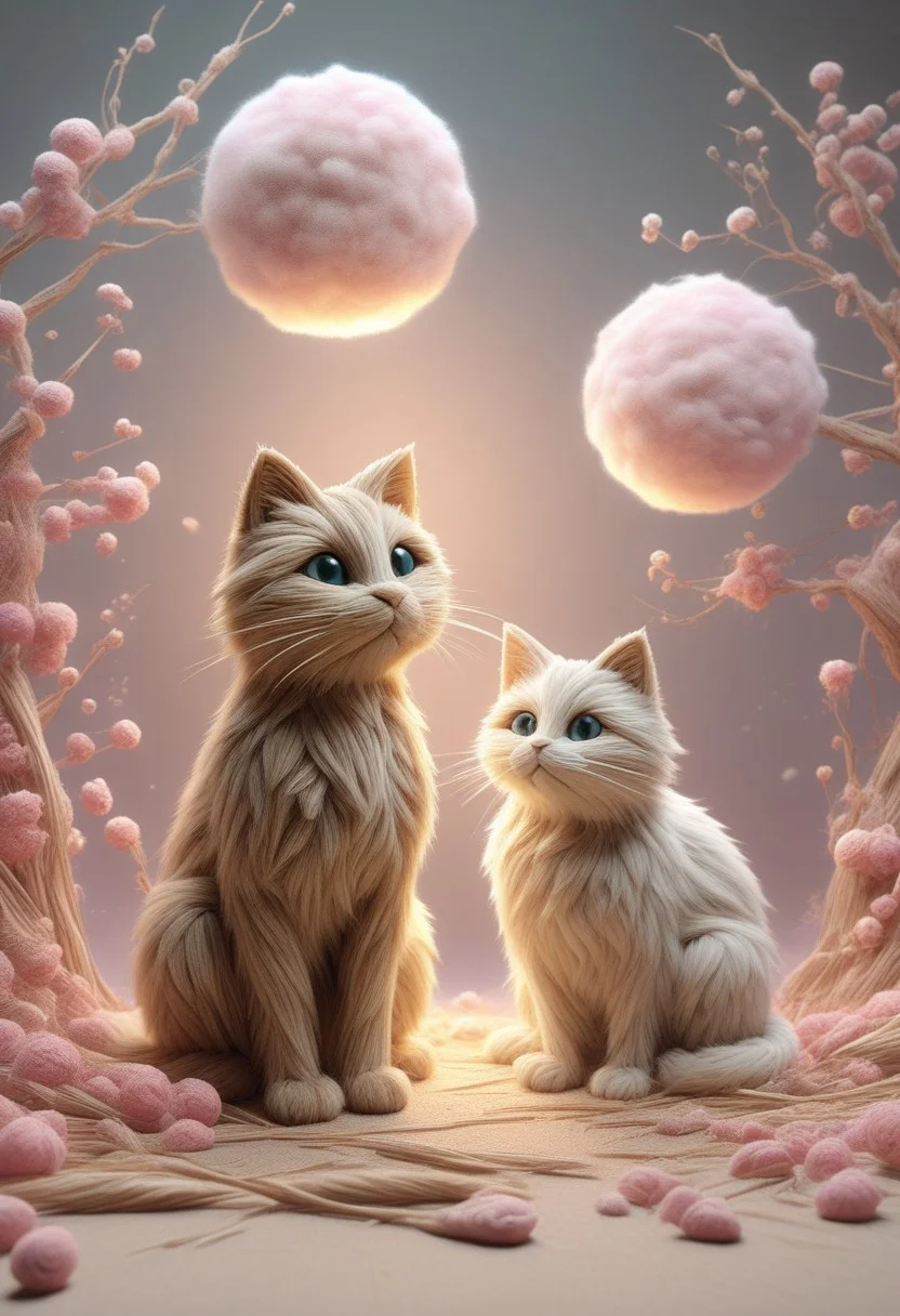 masterpiece, best quality, absurdres, cats made of straw sitting on a tree branch, facing each other in an intimate and harmonious pose. The left cat is black, while the right cat is white, creating a striking contrast. They are surrounded by delicate, blooming branches with small flowers, adding a serene and romantic atmosphere. The background is softly blurred, focusing the viewer's attention on the cats and their interaction. The lighting is soft, emphasizing the texture of their fur and the gentle ambiance of the scene. pink heart in front of them, white sphere in the background, h4ra_illu, momosp