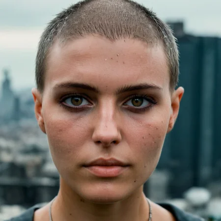 Buzzcut, no hair, bald, Blade Runner style, cinematic film still, (Skin Texture, pores, natural,iPhone,RAW)), natural lighting, Highest Quality closeup Portrait photo of a woman wearing no makeup with a ((buzzcut)), silver eyes, Nikon Z9, realistic matte skin, blurry city in the background, moody, epic, gorgeous, 8K,
