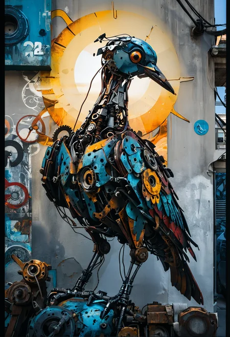 comic book art of [ dappled sunlight on a black background : (Mechanical), rich deep colors, dark and moody, a mesmerizing blend of shadows, close-up portrait of street art by Bordalo II in downtown Lisbon, a mechanical Kingfisher. strong contrast, stark, dramatic, high contrast, masterpiece, absurdres, intricate details <lora:TQ_-_Animals_Made_Of_Ruins:0.8> : 4], comic art, graphic novel illustration