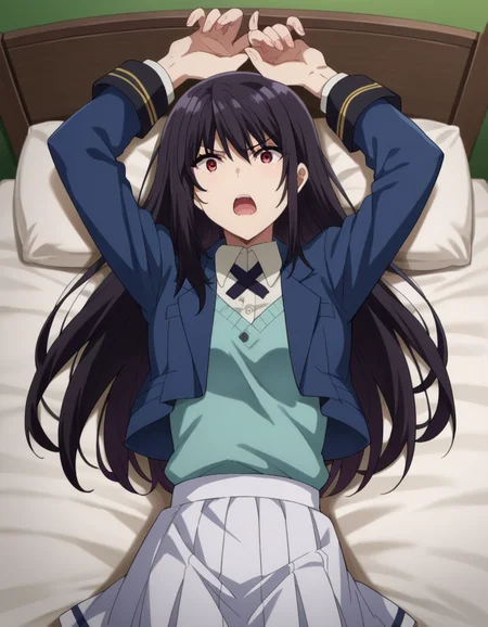 score_9, score_8_up, score_7_up, source_anime,
clairekagenou, <lora:claire-kagenou-ponyxl-lora-nochekaiser:1>,
claire kagenou, long hair, black hair, red eyes,
shirt, jacket, blazer, skirt, white skirt,
indoors, bed, bed room, on back, arm support, arms up, incoming hug, pov, reaching, reaching towards viewer,
looking at viewer, dutch angle,