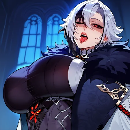 score_9, score_8_up, score_7_up, 1girl, Arlecchino_\(genshin_impact\), x-shaped pupils, white hair, black hair, black eyes, red pupils, furcoat, huge breasts
one eye closed, upper body, portrait, breasts, coat, fur-trimmed coat, from below, looking down, looking at viewer, head tilt, shaded face, glowing eyes, thick outlines, from side, open mouth, tongue out, pierced tongue, piercing
dark background, window shadow, indoors, dark background, dark blue background, lowkey, low key, dark theme, dutch angle<lora:EMS-346352-EMS:1.000000>, <lora:EMS-344951-EMS:0.800000>
