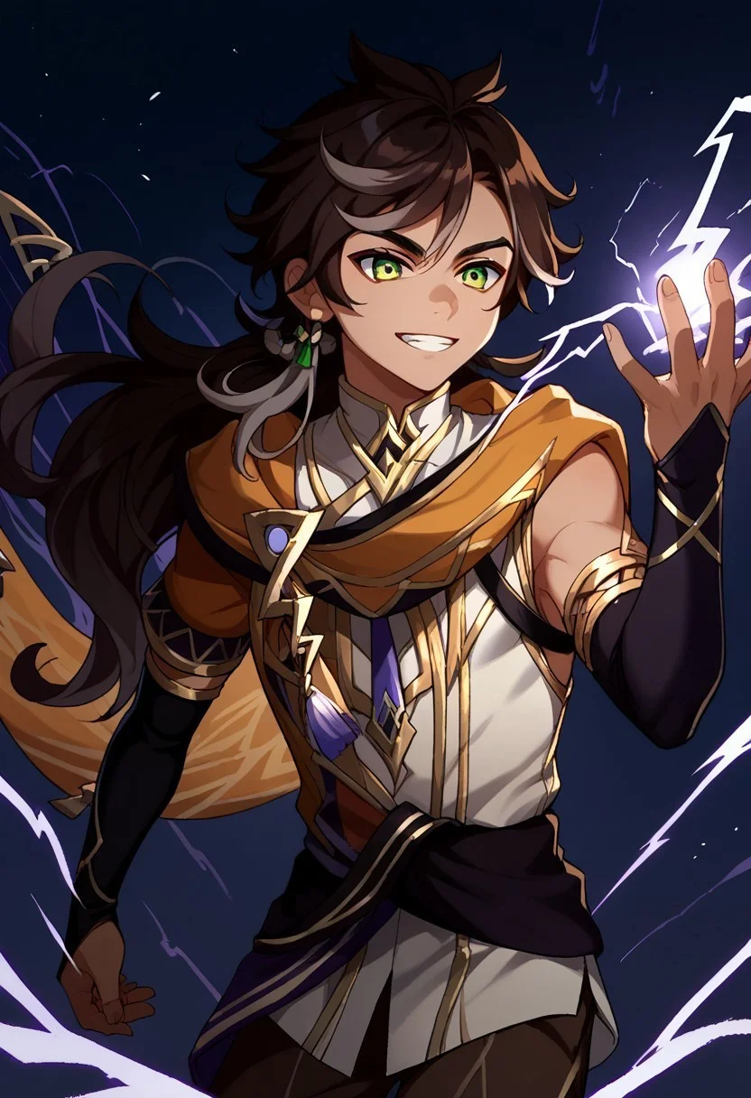 score_9, score_8_up, score_7_up, source_anime, highly detailed, 

sethos, 1boy, male focus, solo, dark skin, dark-skinned male, multicolored hair, two-tones hair, streaked hair, brown hair, black hair, long hair, green eyes, shirt, white shirt, sleeveless, cape, orange cape, sash,  elbow gloves, black gloves, finglerless gloves, pants, brown pants, upper body, grin,
electricity, spell, lighting spell, purple lightning, 