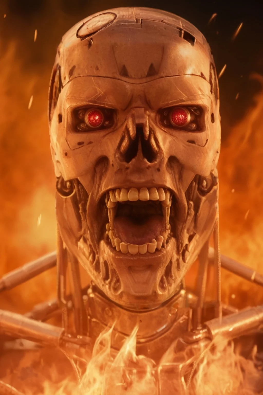 T800_Endo, Terminator robot, score_9, score_8_up, score_7_up, (source_IRL, source_movie), cinematic, realistic, masterpiece, high quality, highres RAW photo, ((close-up shot, close-up head shot, front view))
a T800_Endo Terminator Robot with red eyes, he is made of metal, he is made of shiny chrome metal, new, clean, <lora:T800_Endo_Terminator_Pony_v1-000013:1>
(standing in flames, mouth open: 1.4, screaming: 1.4)
black background, in flames, fire, flames and fire everywhere, there is so much fire
dynamic lighting, highly detailed, intricate details